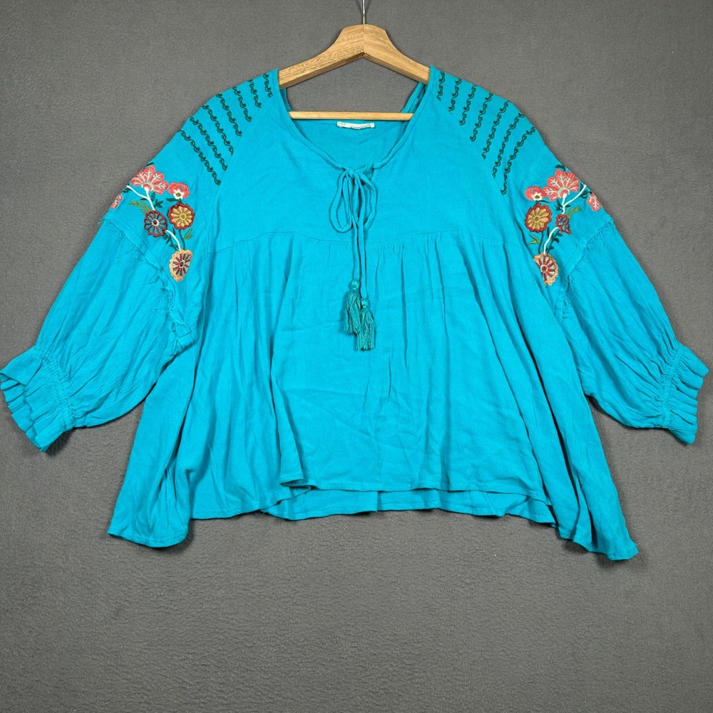 Easel Top Womens M Turquoise Blue Embroidered Boho Tassel Peasant Blouse ET20348